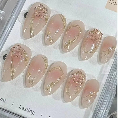 10pcs Handmade Almond Shaped Nail Art Pieces, Inlaid With Golden Flower Strips Detachable and Reusable