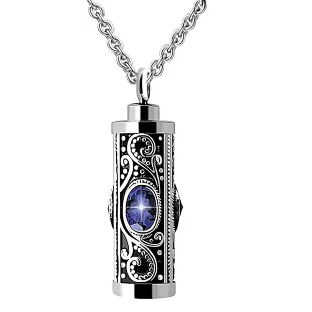 For Men Crystal Cremation Urn Necklace Cylinder Waterproof Ashes Pendant Retro Style Keepsake Memorial Jewelry Human Ashes
