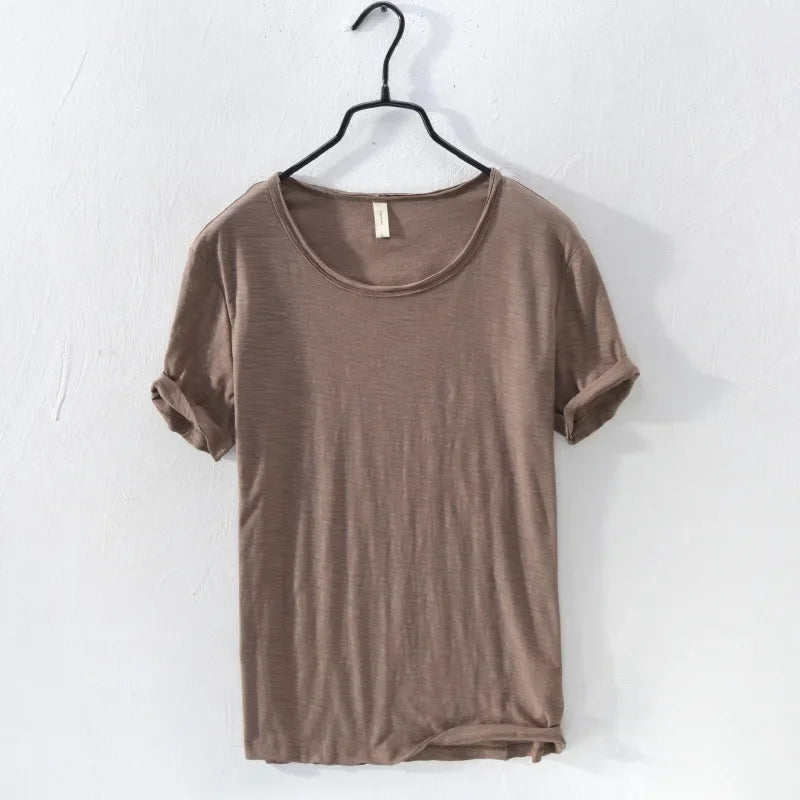 Retro Raw Edge T-Shirt for Men, 100% Cotton, Lightweight,Breathable,Slim-fit, Monochromatic, O-Neck, Casual Basic Top - Coffe
