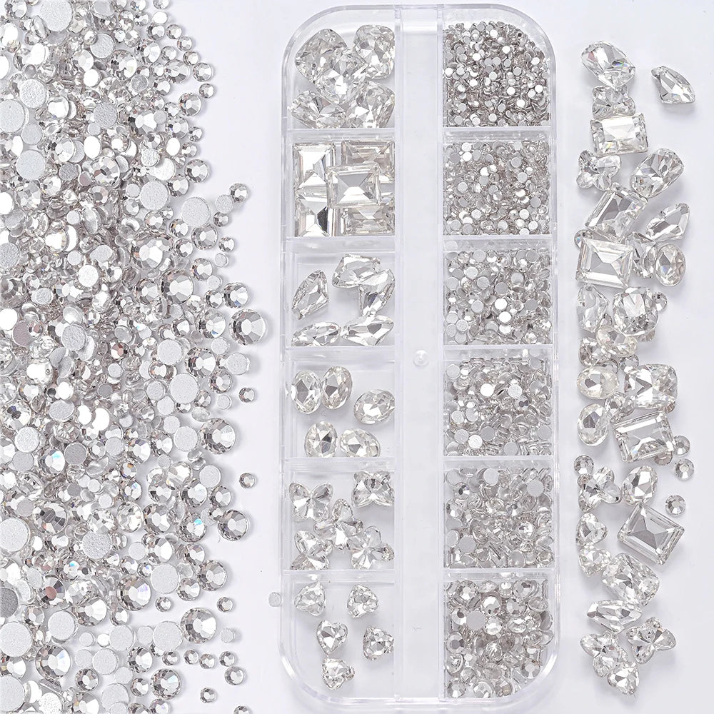 1Box 3D Clear Nail Art Rhinestones 12Shapes Mixed Oval,Butterfly,Heart,Flower,Round Diamond Nail Charms DIY Nail Art Decorati