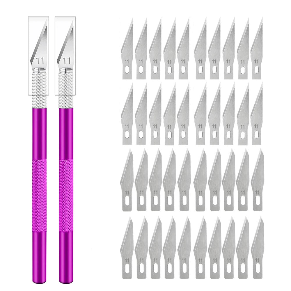Engraving Non-Slip Metal Knife Kit + 40/10pcs #11 Blades Cutter Craft Knives for Mobile Phone PCB Repair Hand Tools - Purple