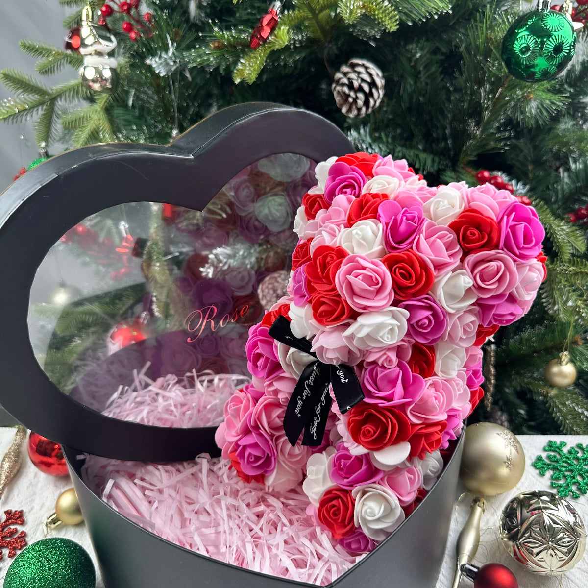 25cm Artificial Teddy Rose Flower Bear with Box Romantic Valentines Day Gift Girlfriend Women Anniversary Wedding Party Suppl