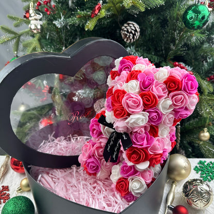 25cm Artificial Teddy Rose Flower Bear with Box Romantic Valentines Day Gift Girlfriend Women Anniversary Wedding Party Suppl