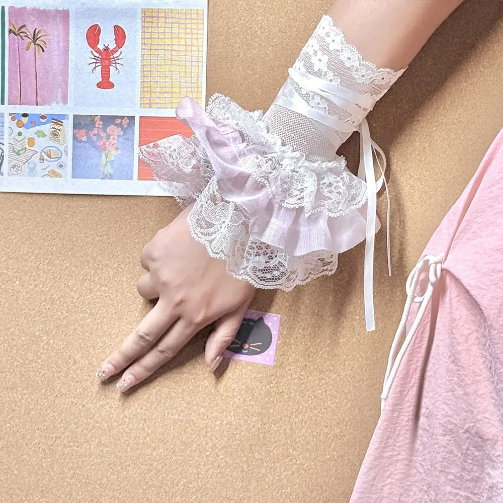 1 Pair Women Lolita Jk Lace Fingerless Gloves Black Gothic Fake Sleeves Trendy Elastic Long Lace Arm Sleeves Clothes Decorati