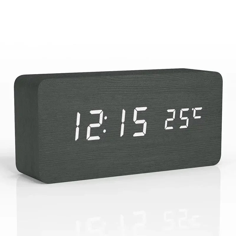 Digital Alarm Clock Wooden LED Table Clock with Temperature for Bedroom Office Travel Desk Decorations - black