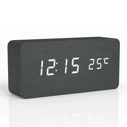 Digital Alarm Clock Wooden LED Table Clock with Temperature for Bedroom Office Travel Desk Decorations - black