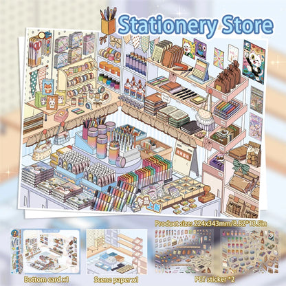 Immersive Scene-Creating Stickers, Multi-Scene Miniature Store Material Stickers, Panoramic Positioning, No-Cut DIY Journal D