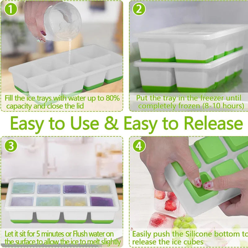 Large Ice Cube Trays Silicone Easy-Release Flexible Ice Cube Molds with Lids Big Square Cubed Ice Trays for Whiskey and Cockt