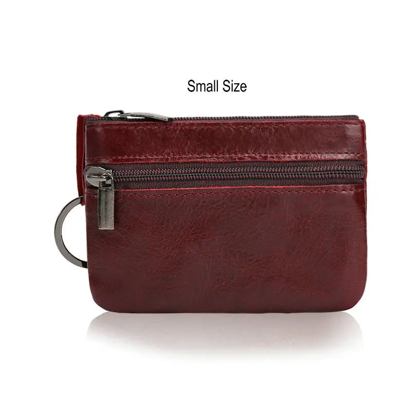 Retro Genuine Leather Coin Purse with Keychain for Men & Women Cowhide Zipper Coin Wallet Vintage Key Holder - small winered 