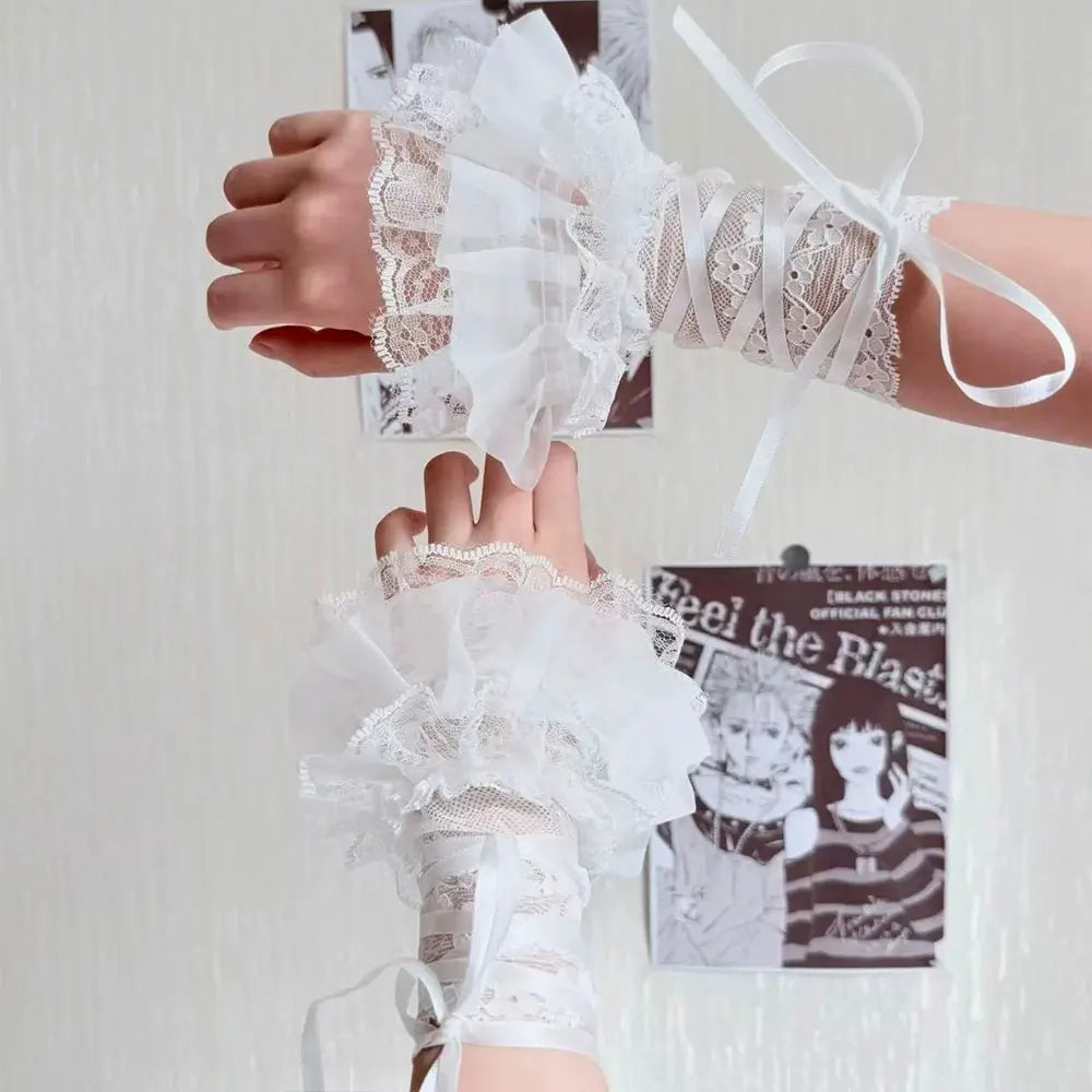 1 Pair Women Lolita Jk Lace Fingerless Gloves Black Gothic Fake Sleeves Trendy Elastic Long Lace Arm Sleeves Clothes Decorati