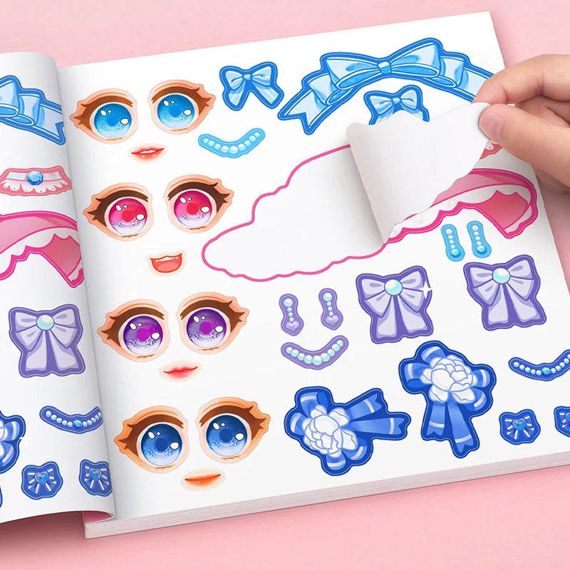 Stickers Book Handicrafts Creative Kids Stickers 15 Pages Toy Puzzle Reusable for Girls Cartoon Princess Make A Face Stickers