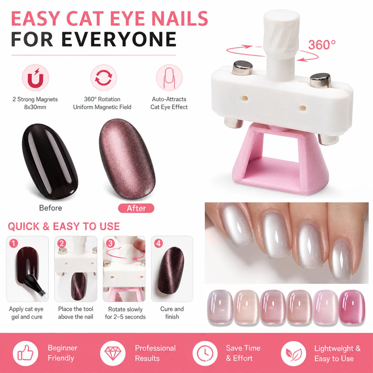 Automatic Glass Bead Cat-Eye Nail Art Tool for Beginners, No Skills Required, Includes 8*30mm Magnets.