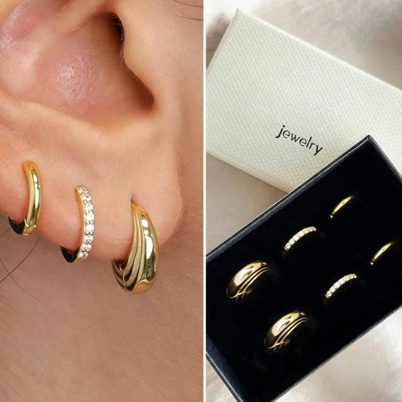 3 Pairs Stainless Steel Crystal Zirconia Hoop Earrings for Women Trendy Simple Gold Plated Circle Punk Earrings Piercing Jewe