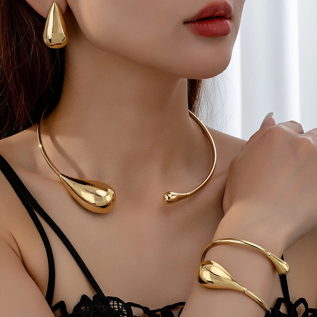 Vintage Style Minimalist Teardrop Jewelry Set - Zinc Alloy Necklace, Bracelet and Earrings Set for Everyday Wear