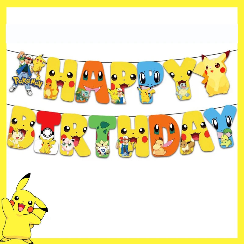 Pokemon Birthday Party Decoration Pikachu Disposable Tableware Cup Napkin Plate Tablecloth Baby Shower Cake Topper Flag Ballo