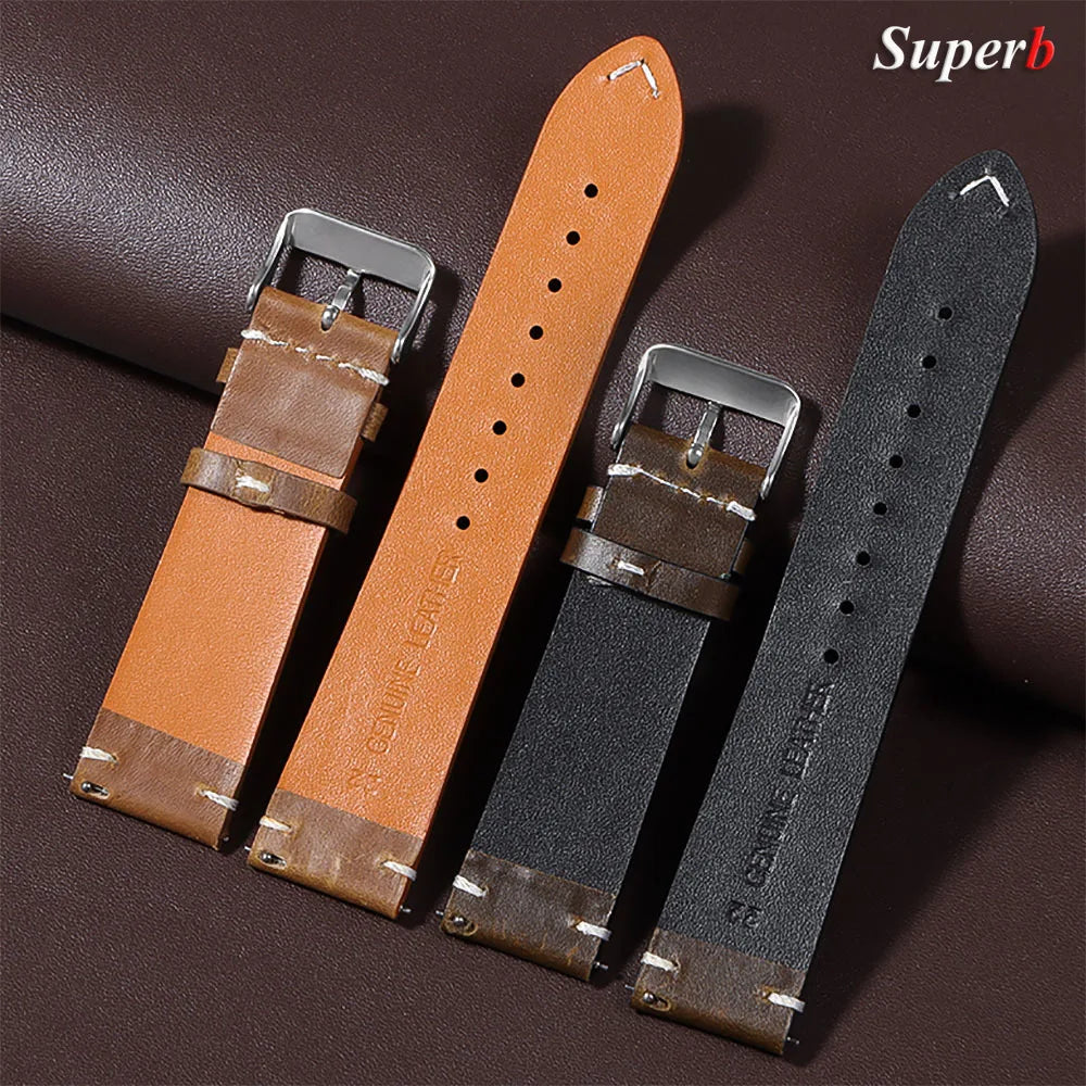 18mm 20mm 22mm Vintage Oil Wax Leather Watchband 19mm 21mm 24mm Universal Stitching Cowhide Strap for Seiko for Omega Watch B