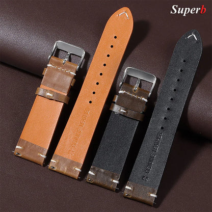 18mm 20mm 22mm Vintage Oil Wax Leather Watchband 19mm 21mm 24mm Universal Stitching Cowhide Strap for Seiko for Omega Watch B
