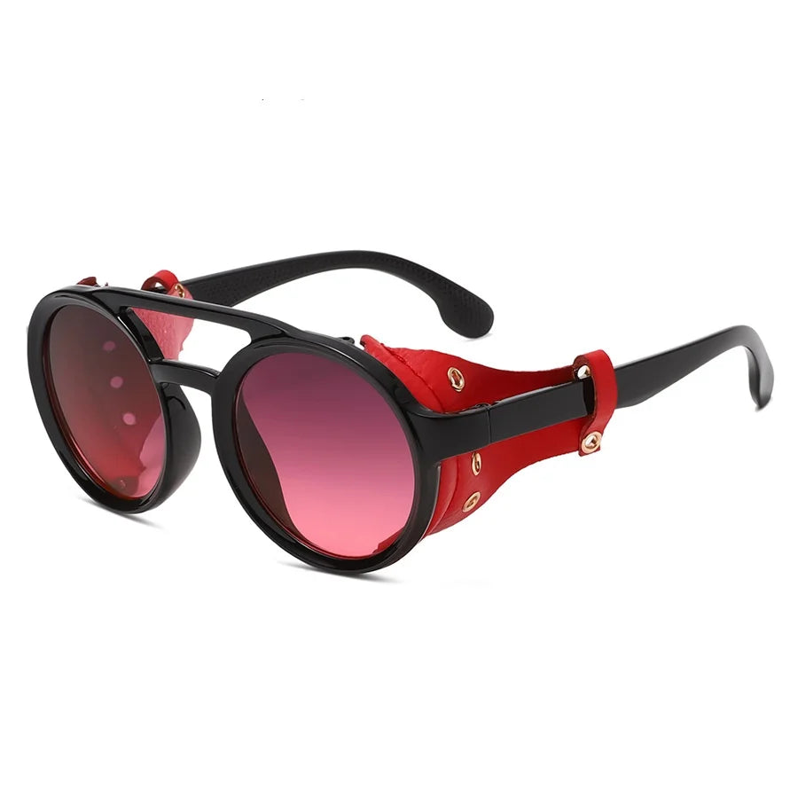 Retro Sunglasses Men Women Leather Round Glasses Vintage Goggles Anti Wind Outdoors Sports Sun Glasses UV400 - Red