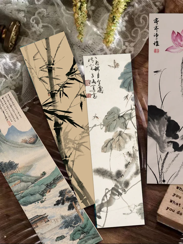 30pcs Chinese calligraphy and painting bookmarks Classical ink painting poetry decoration Reading pages Book marking page fol