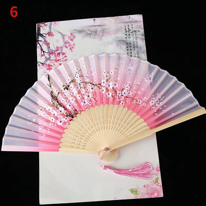 1Pc Vintage Silk Folding Fan Retro Chinese Japanese Bamboo Folding Fan Tassel Dance Hand Fan Home Decoration Ornament Craft G