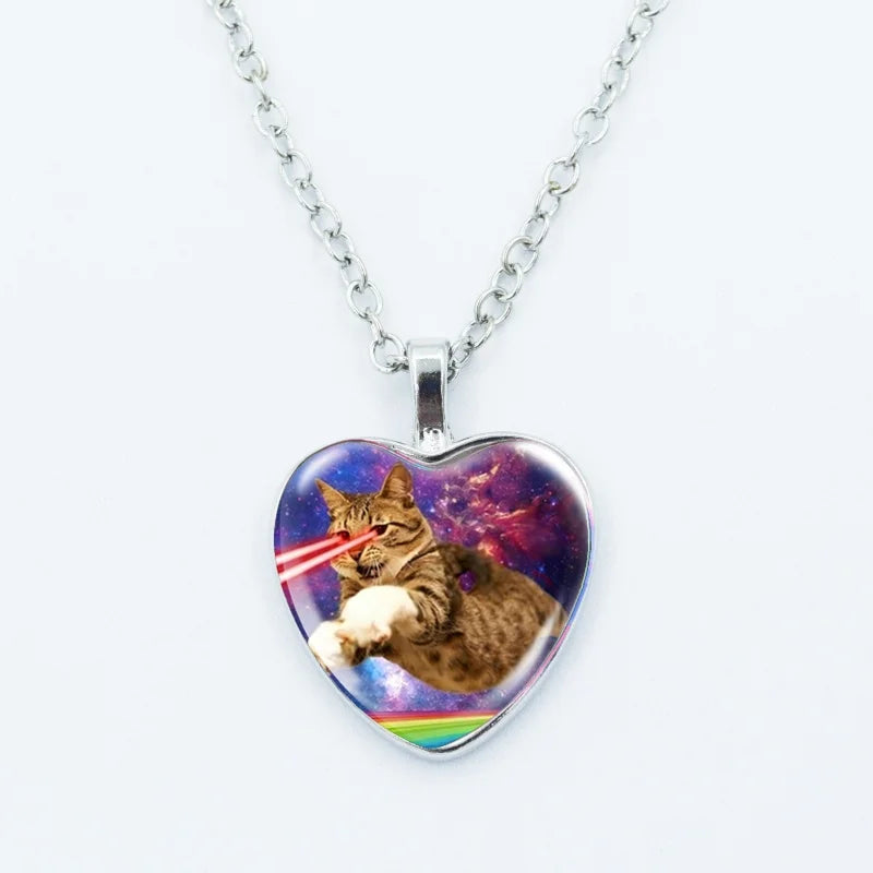 Cute Funny Rainbow Alien Cat Heart Pendant Necklace Animal Shape Art Photo Glass Cabochon Jewelry Children's And Women's
