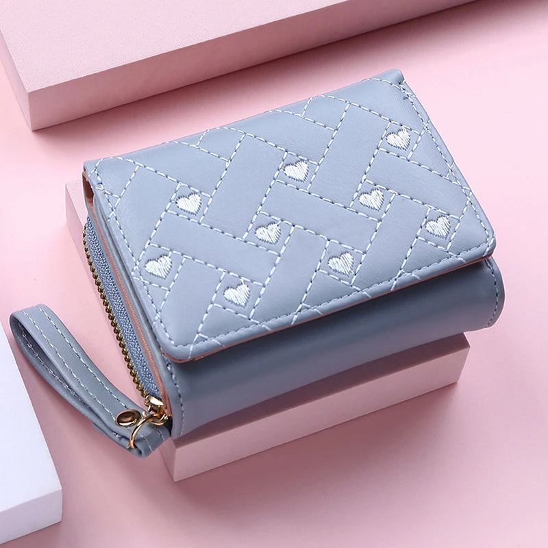 Women's Wallet Tri Fold Card Bag PU Multi Objects Pocket Short Fashion Embroidered Love Pattern Korean Minimalist New 2024 - 