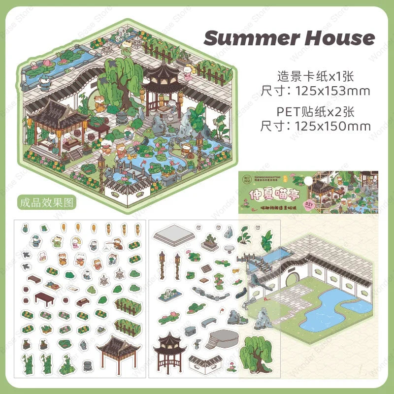 DIY Cartoon Cat Leisure Life in 4 Seasons Landscape Sticker 3D Pocket Cabin Scene Stacking Pasting Stickers Gift for Kid Chil