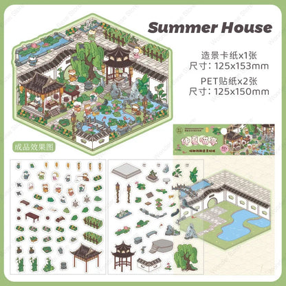 DIY Cartoon Cat Leisure Life in 4 Seasons Landscape Sticker 3D Pocket Cabin Scene Stacking Pasting Stickers Gift for Kid Chil