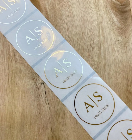 50 X Foiled Wedding Monogram Initials Stickers, Personalised Wedding Favour Labels, Custom Shiny Foil Gold Transparent