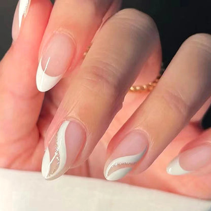 24PCS/ Almond Fake Nails Instantly Upgrade Your Look, Pink and White Set Off by Gold Lines, Simple and Generous, Suitable for