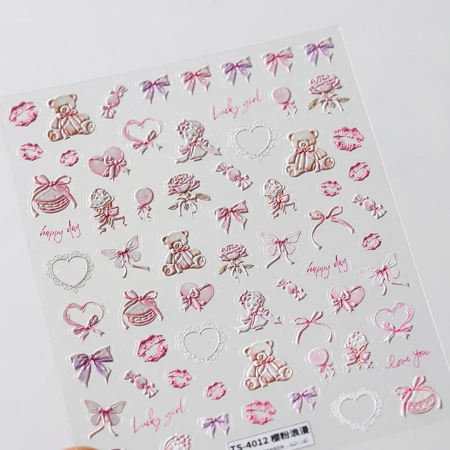 Sakura Pink Lip Print Rose Flower Butterfly Ice Cream Love Heart Bear Macaroon Balloon Candy Nail Art Stickers Manicure Decal