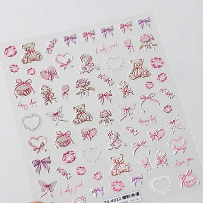 Sakura Pink Lip Print Rose Flower Butterfly Ice Cream Love Heart Bear Macaroon Balloon Candy Nail Art Stickers Manicure Decal