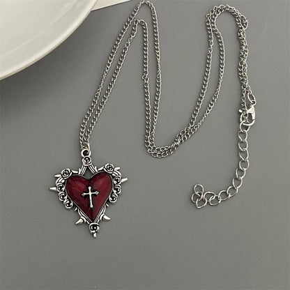 Punk Rock Red Black Heart Pendant Chain Necklace For Men Women Cool Hip Hop Street Vintage Goth Accessories Trendy Jewelry - 