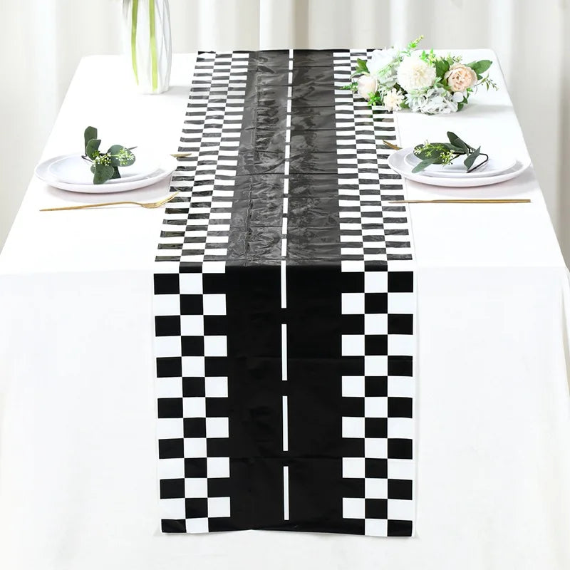 1pc Racing Car Tablecloth Black Racing Track Table Runner Racing Car Party Supplies Decor Racing Flags Table Centerpieces