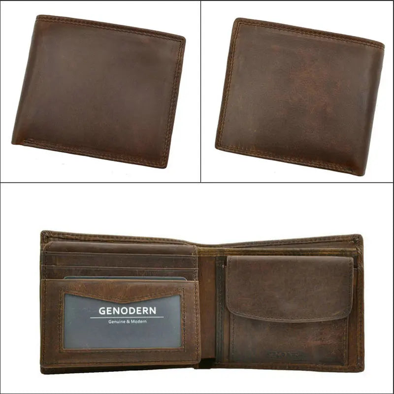 GENODERN Cow Leather Men Wallets with Coin Pocket Vintage Male Purse RFID Blocking Genuine Leather Men Wallet with Card Holde