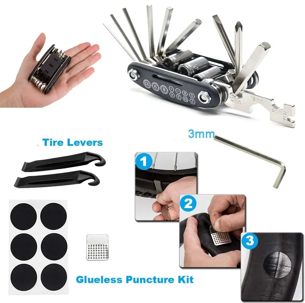 Bicycle Repair Tools Kit, Bike Accessories, Multi Tool Set with Pump Tire Patch, Portable Mountain Road BikeTire Auto Tool Se