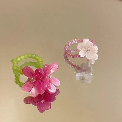 New Romantic Cute Violet Flower Ring Spring Summer Elastic Beaded Rings for Women Friends Korea Finger Jewelry Accessories Gi