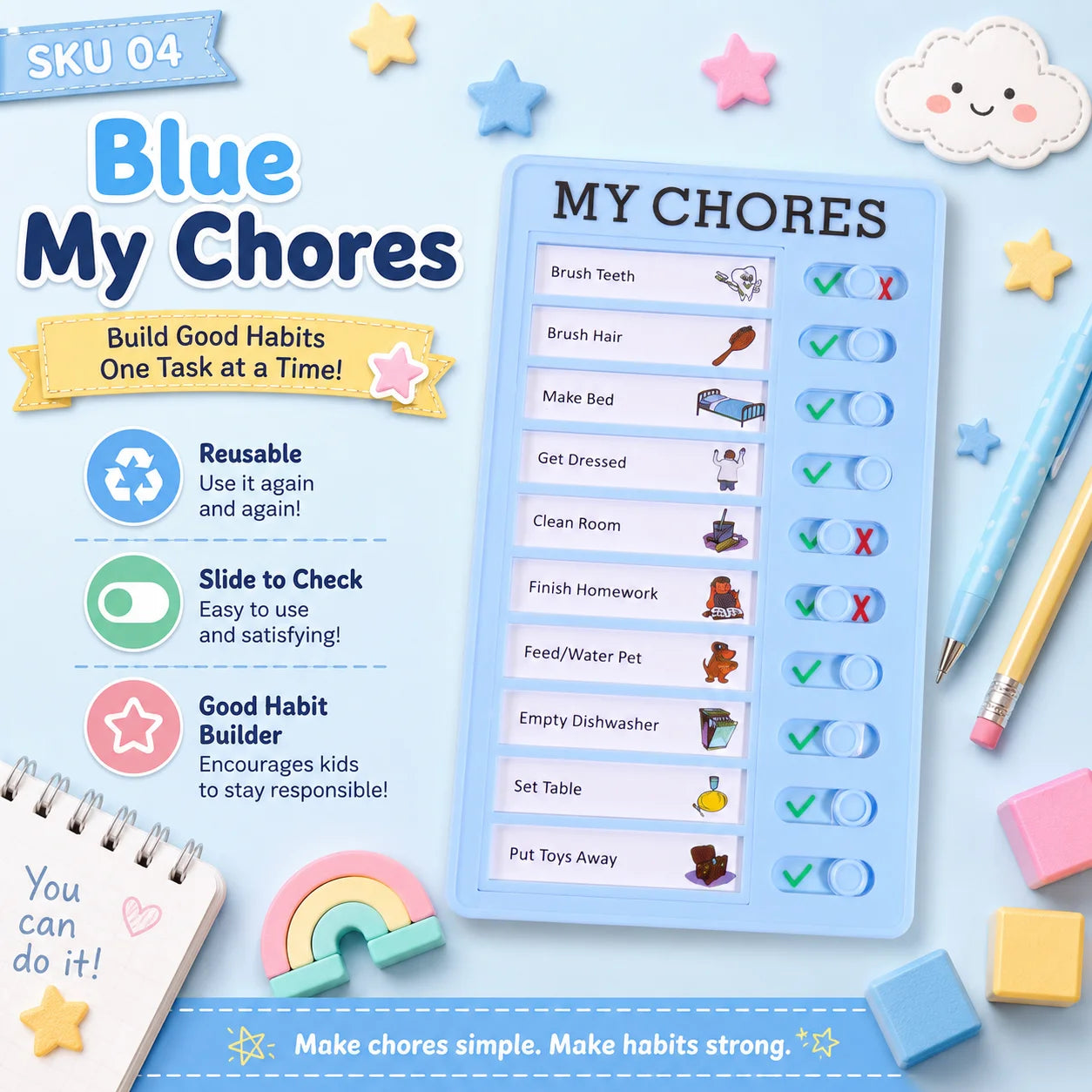 Self Discipline Checklist Board, Replaceable Plastic Chore Chart for Kids Adults, Summer Task Planner & Daily Habit Tracker -
