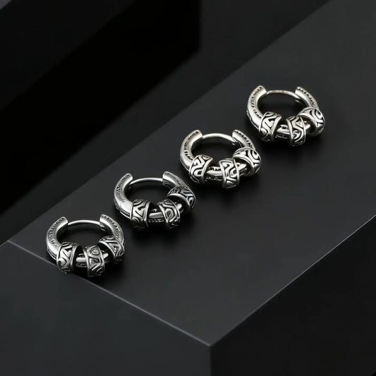 Vintage Totem Vine Pattern Hoop Earrings for Men, Hypoallergenic Metal Huggies Earrings, Rock Punk Piercing Jewelry Gift