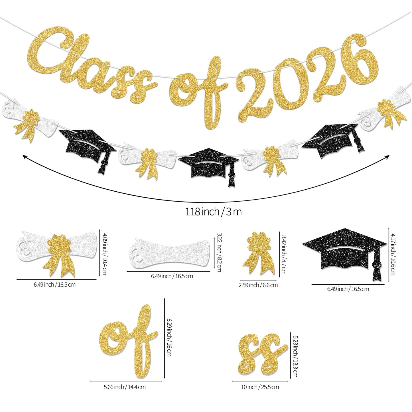 Glitter Gold/Blue/Purple/Red Class of 2026 Banner Graduation Sign with Grad Cap Garland for 2026 Graduation Party Decorations