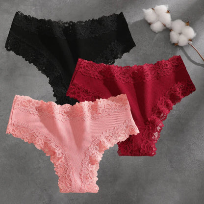 3Pcs Cotton Lace Patchwork Bikini Panties Women Seamless Floral Print Brazilian Pants Low Waist Breathable Female Sexy Linger
