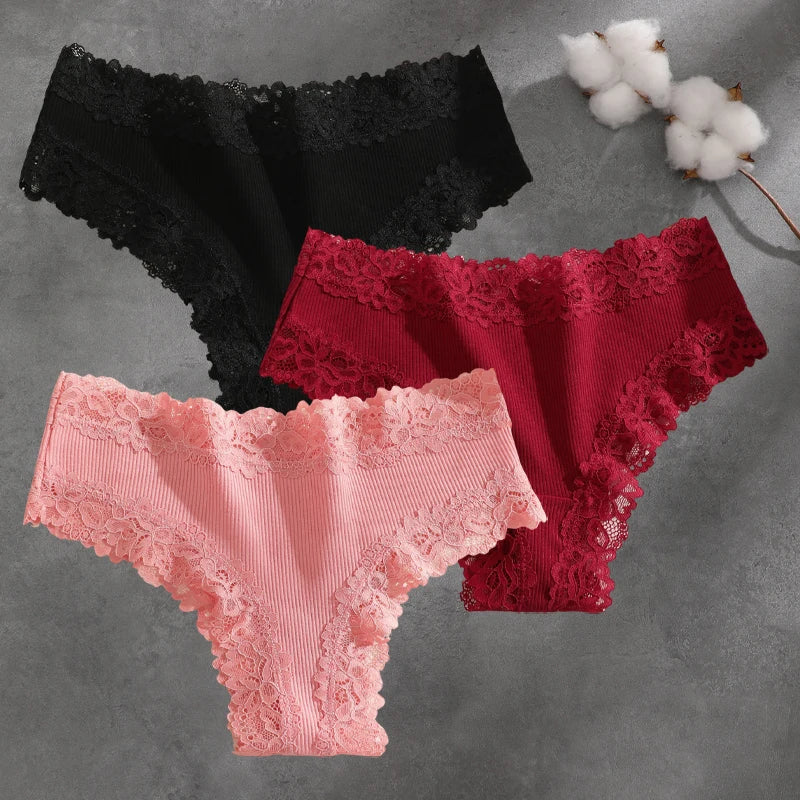 3Pcs Cotton Lace Patchwork Bikini Panties Women Seamless Floral Print Brazilian Pants Low Waist Breathable Female Sexy Linger