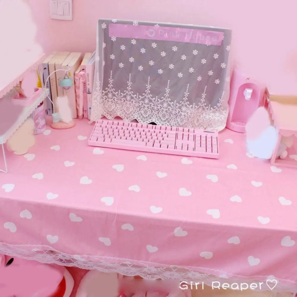 Cute Kawaii Girls Hot Pink Tablecloth Rectangular Cotton Wallpaper Mat Plaid Desk Cloth Room Decoration
