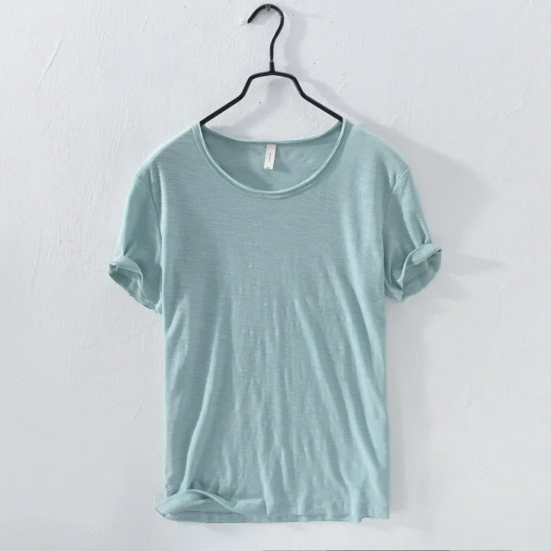 Retro Raw Edge T-Shirt for Men, 100% Cotton, Lightweight,Breathable,Slim-fit, Monochromatic, O-Neck, Casual Basic Top - Light