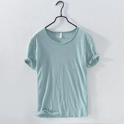 Retro Raw Edge T-Shirt for Men, 100% Cotton, Lightweight,Breathable,Slim-fit, Monochromatic, O-Neck, Casual Basic Top - Light