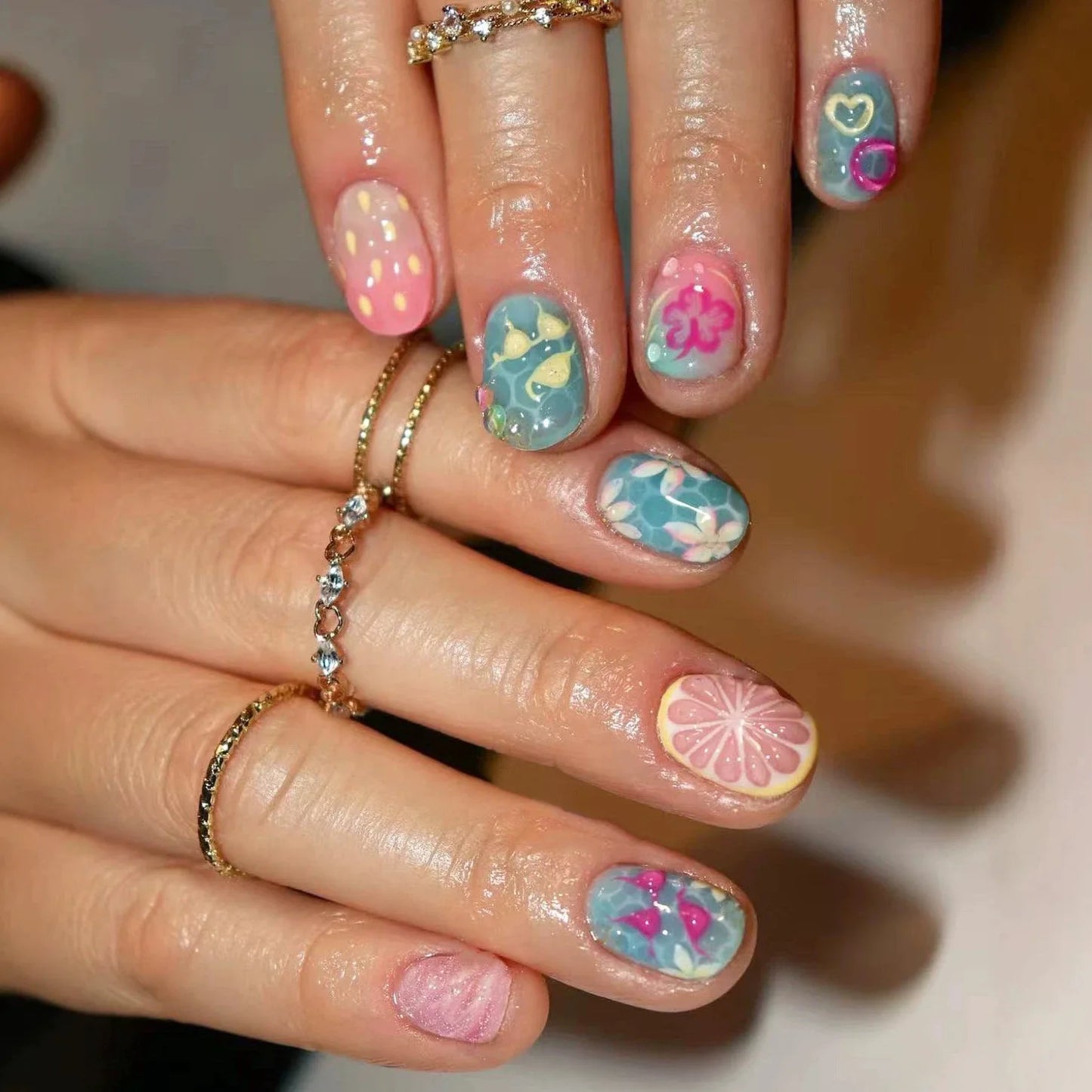 24Pcs Short Round Almond Lovely False Nails Full Cover Fresh Cartoon Fruit Pattern Designs Wearing Nails Art French Summer Na