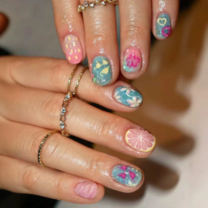 24Pcs Short Round Almond Lovely False Nails Full Cover Fresh Cartoon Fruit Pattern Designs Wearing Nails Art French Summer Na