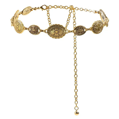 Retro Metal Waist Chain for Women Carved Round Decorative Belt Fashion Waist Jewelry Dress Accessories - gold