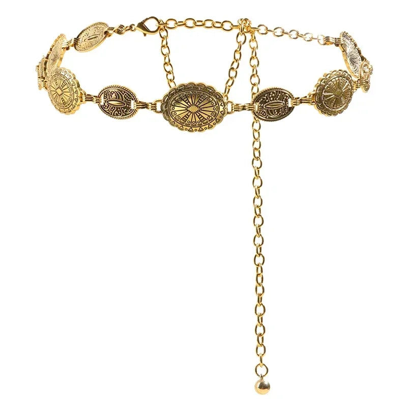 Retro Metal Waist Chain for Women Carved Round Decorative Belt Fashion Waist Jewelry Dress Accessories