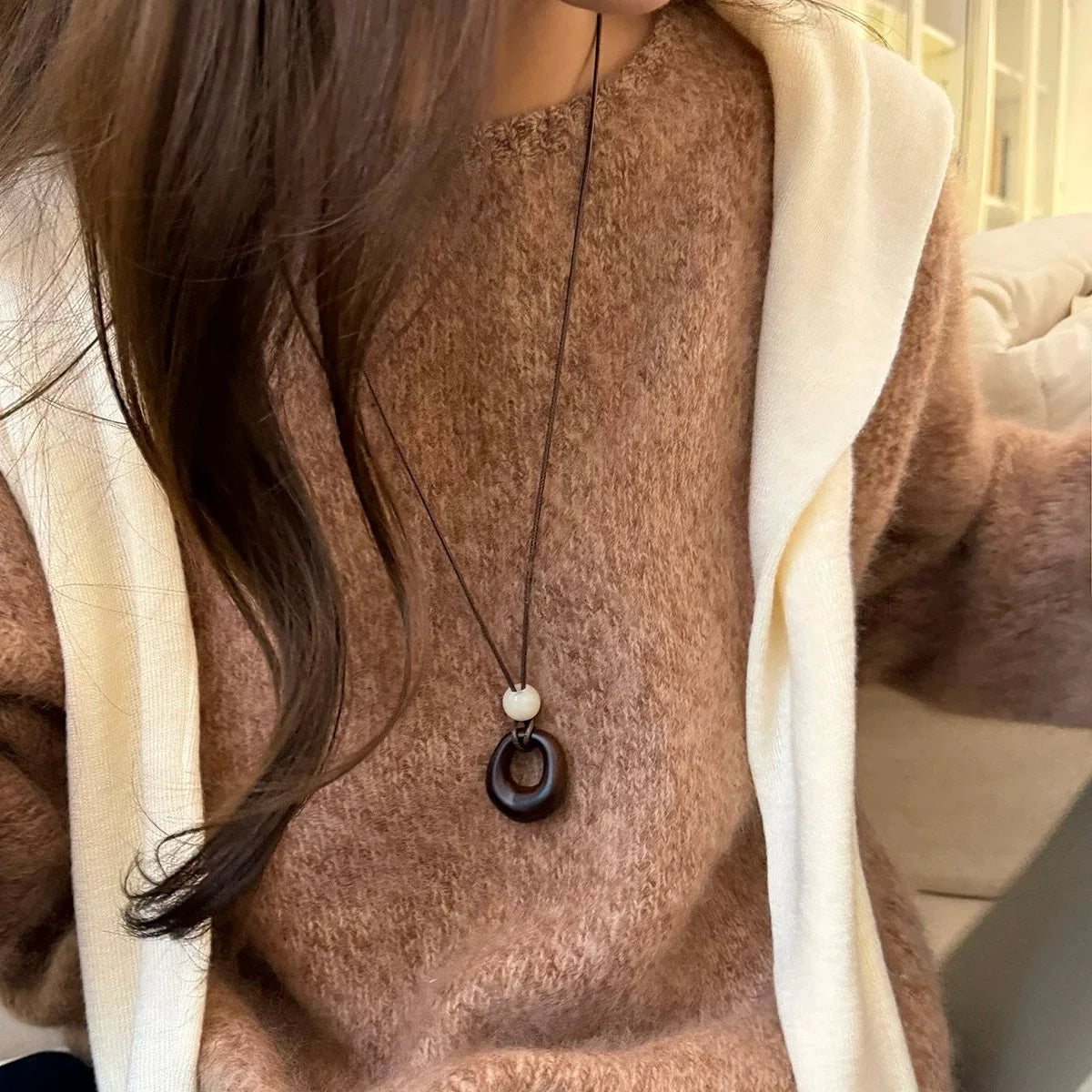 Fashion Vintage Resin Irregular Hollow Circular Geometric Pendant Long Sweater Chain Necklace For Women Charms Jewelry